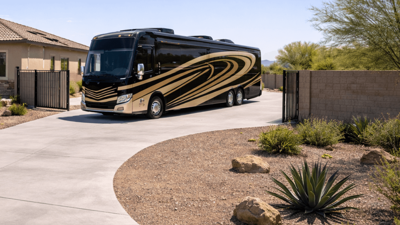 Buckeye Arizona home with a curved driveway and gated side-yard RV parking, showing a large motorhome turning into a dedicated RV pad