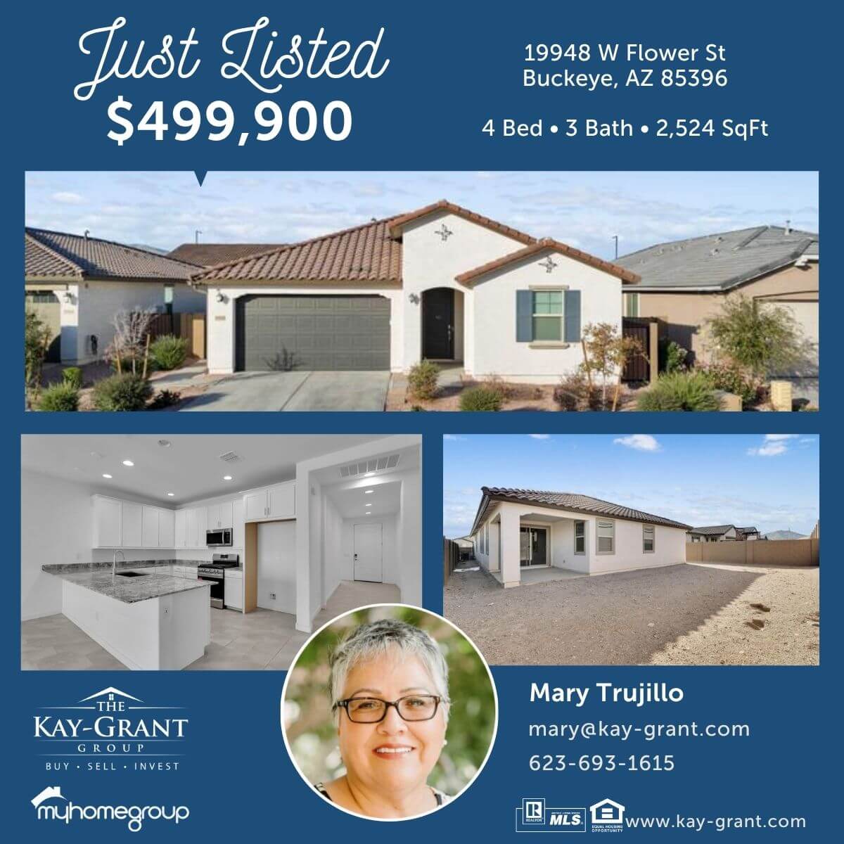Three-bedroom tan home with a two car garage and desert landscaping and a one-bedroom casita in buckeye