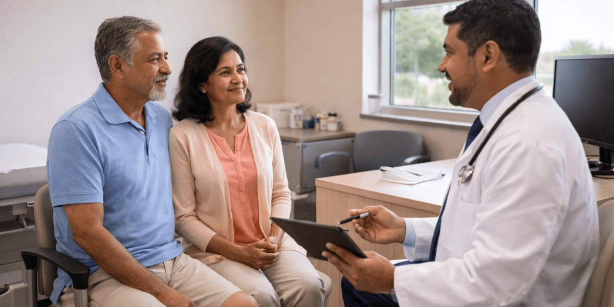 A retired couple talking to a doctor at an arizona healthcare facility