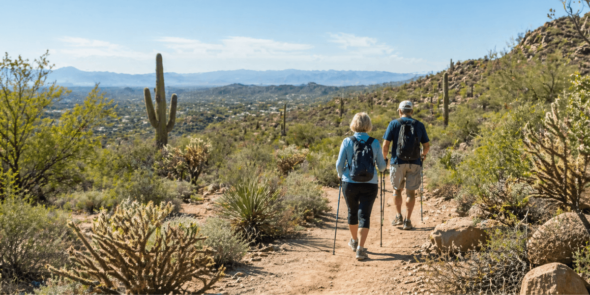 a couple hiking in the estrella mountains near a 55+ community in goodyear, az