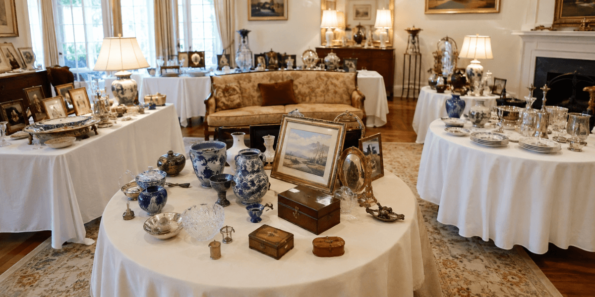 estate sale with a couch, several tables, lamps, picture frames, dishes on table
