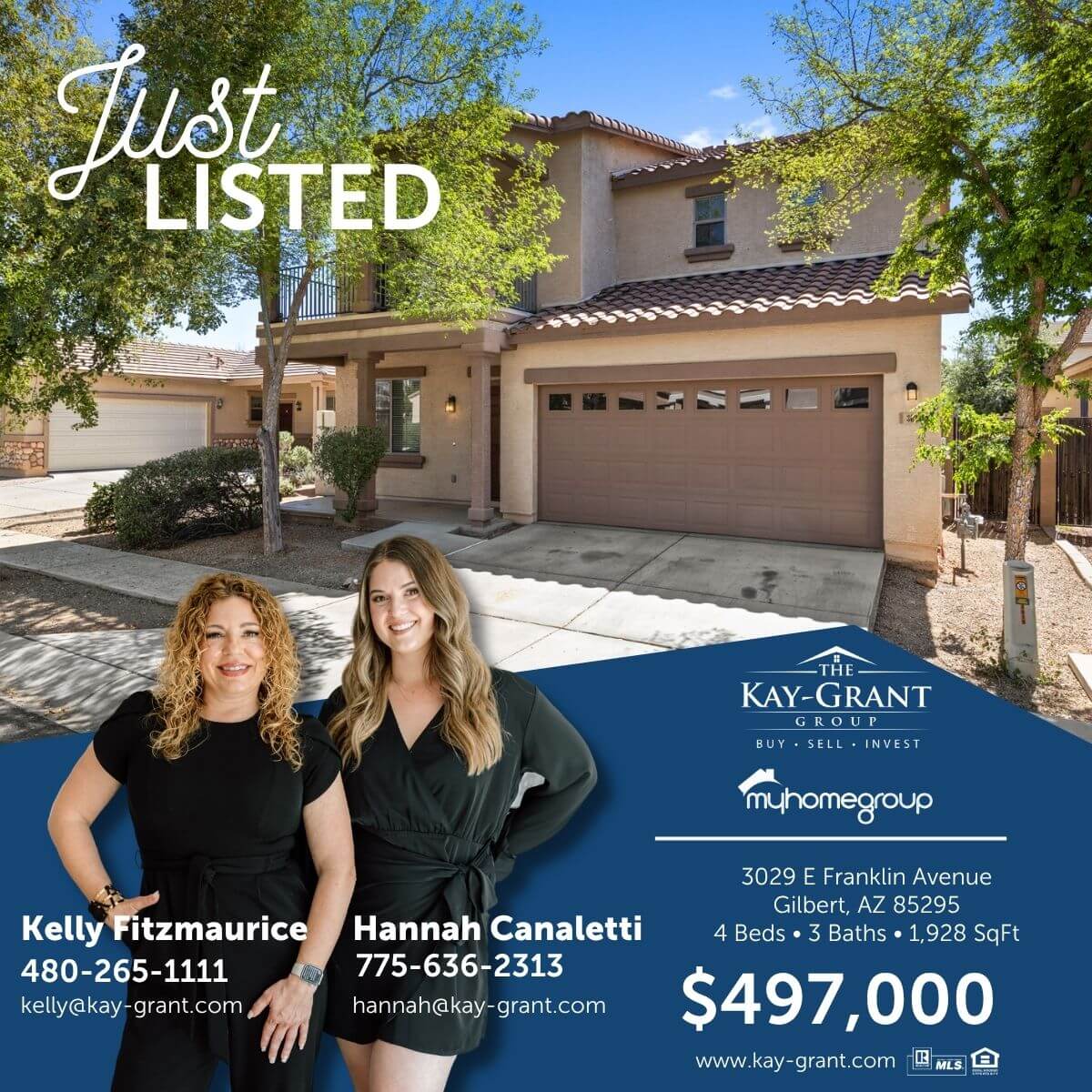 light brown two-story home in gilbert with a balcony and two-car garage. The home is for sale and the list price is $497,000.