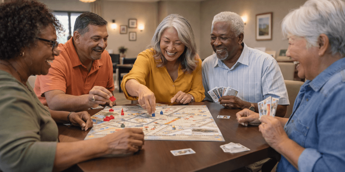a group of friends playing game night at a 55+ community in chandler, arizona