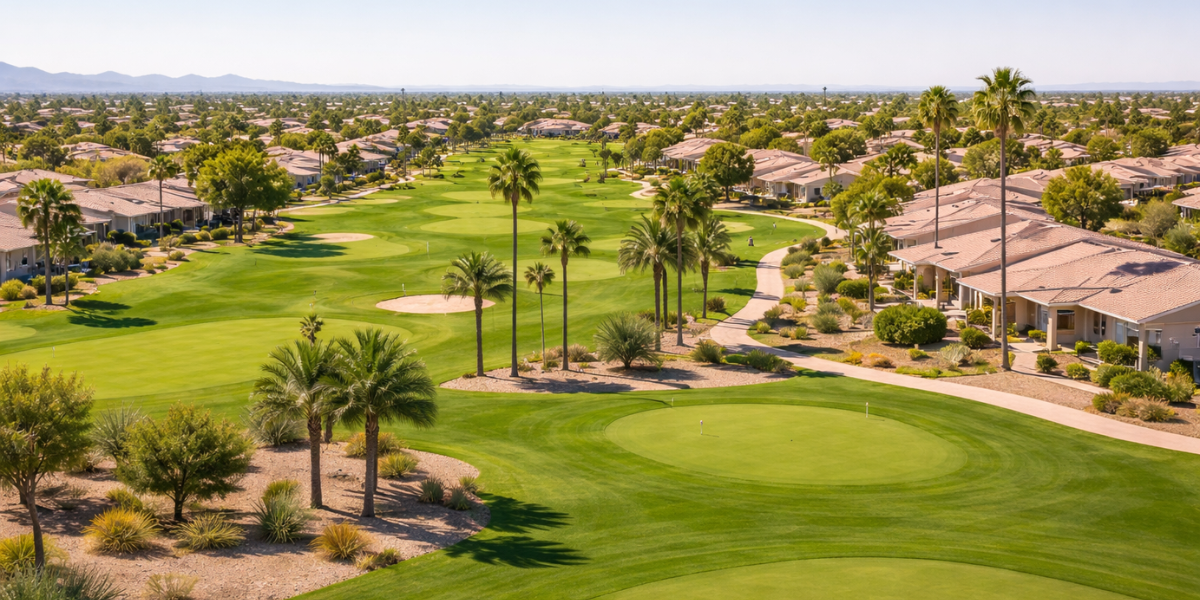 a golf course with surrounding homes at an arizona 55+ community