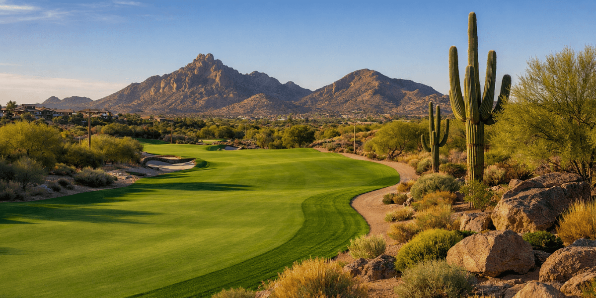 golf course with cacti and green with mountains in the background near a scottsdale 55+ community
