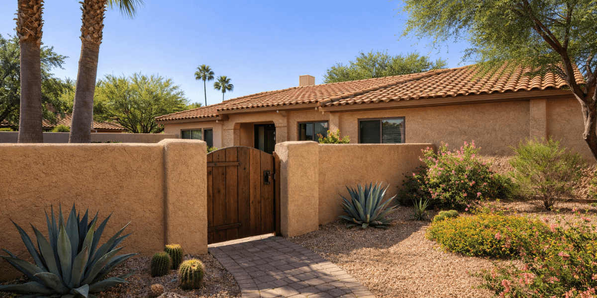 an entry courtyard to a single-story townhome in a scottsdale 55+ community