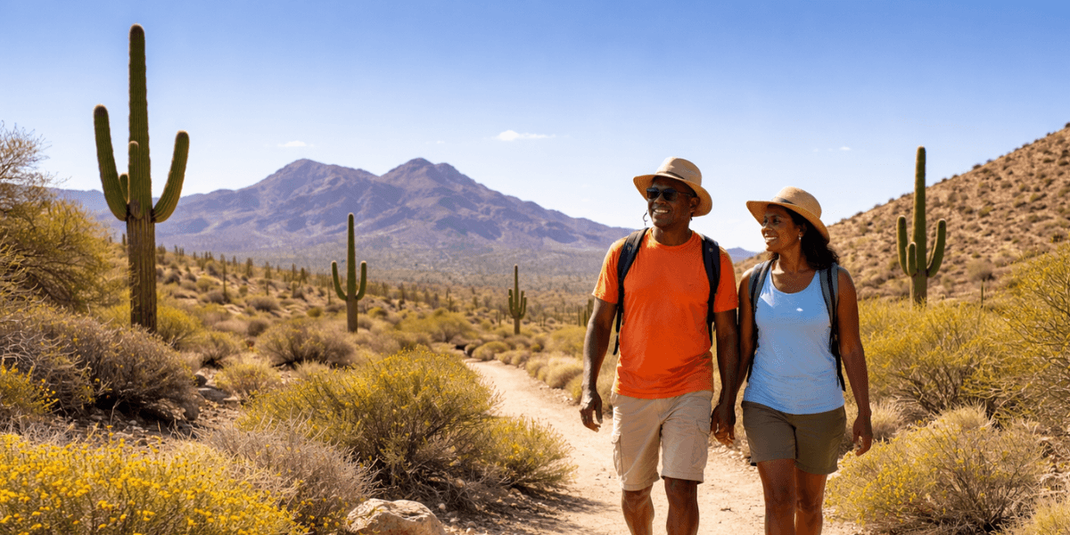 a couple hiking on an arizona trail with a desert landscape and mountains behind them