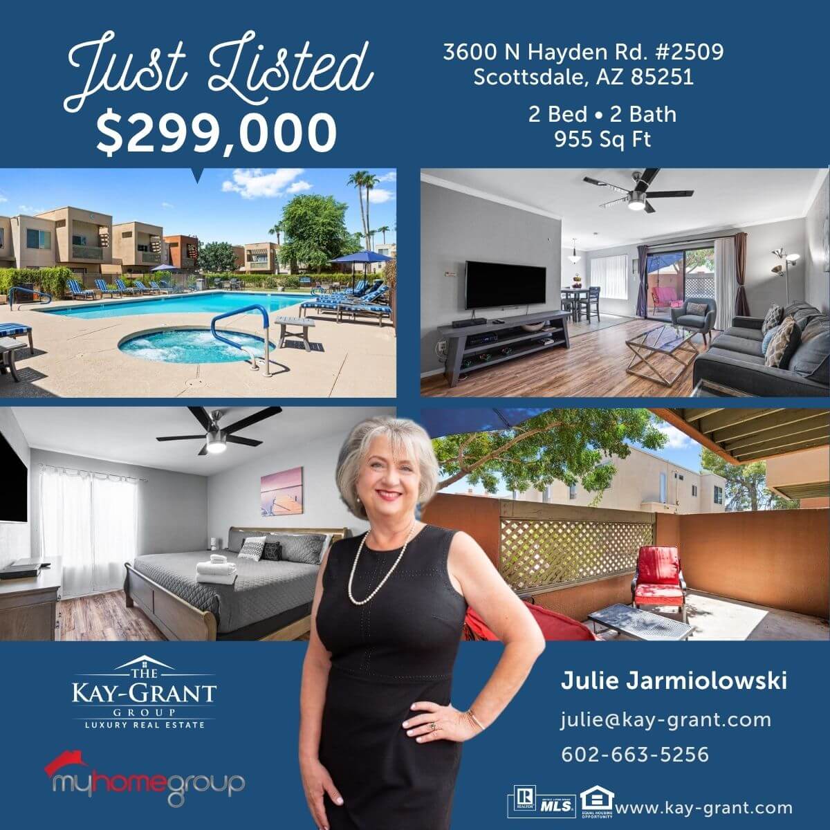 shaded condo patio with two red chairs, wood flooring and wood framed bed in a bedroom with a large bedroom, the pool at a condo with brightly colored exterior paint and palm trees in scottsdale for sale for 299,999
