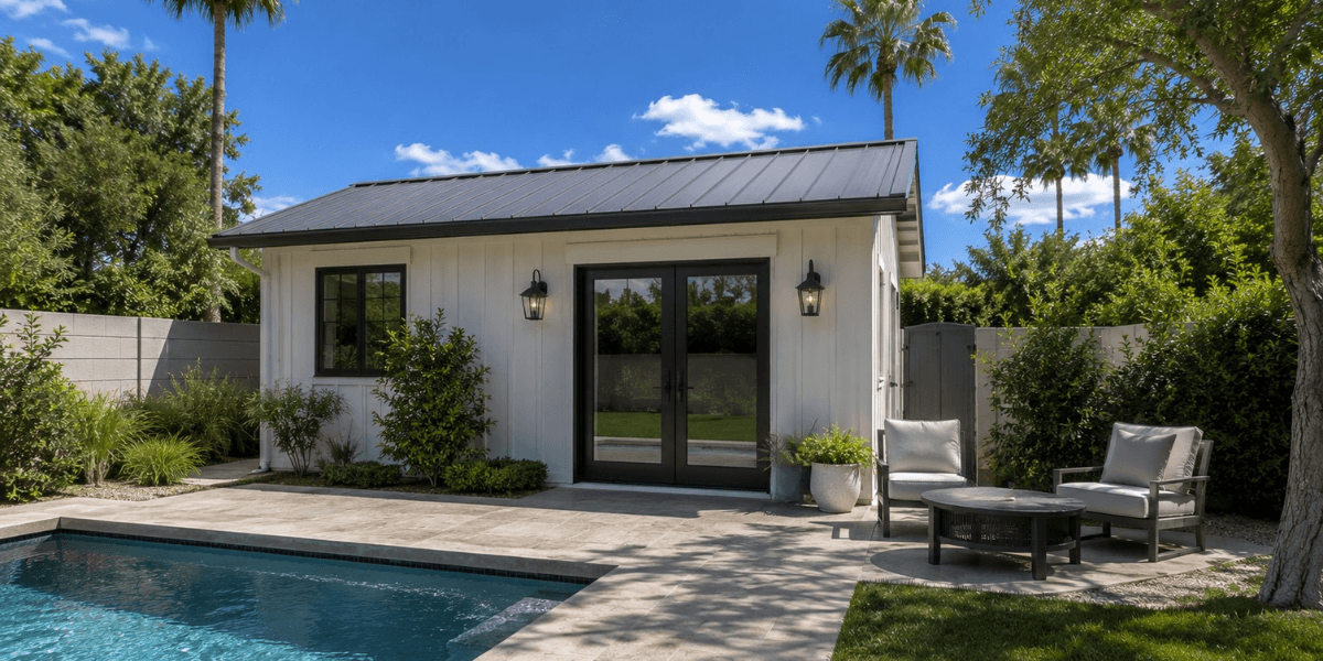Scottsdale home with a guest house with a pool and shad from any trees