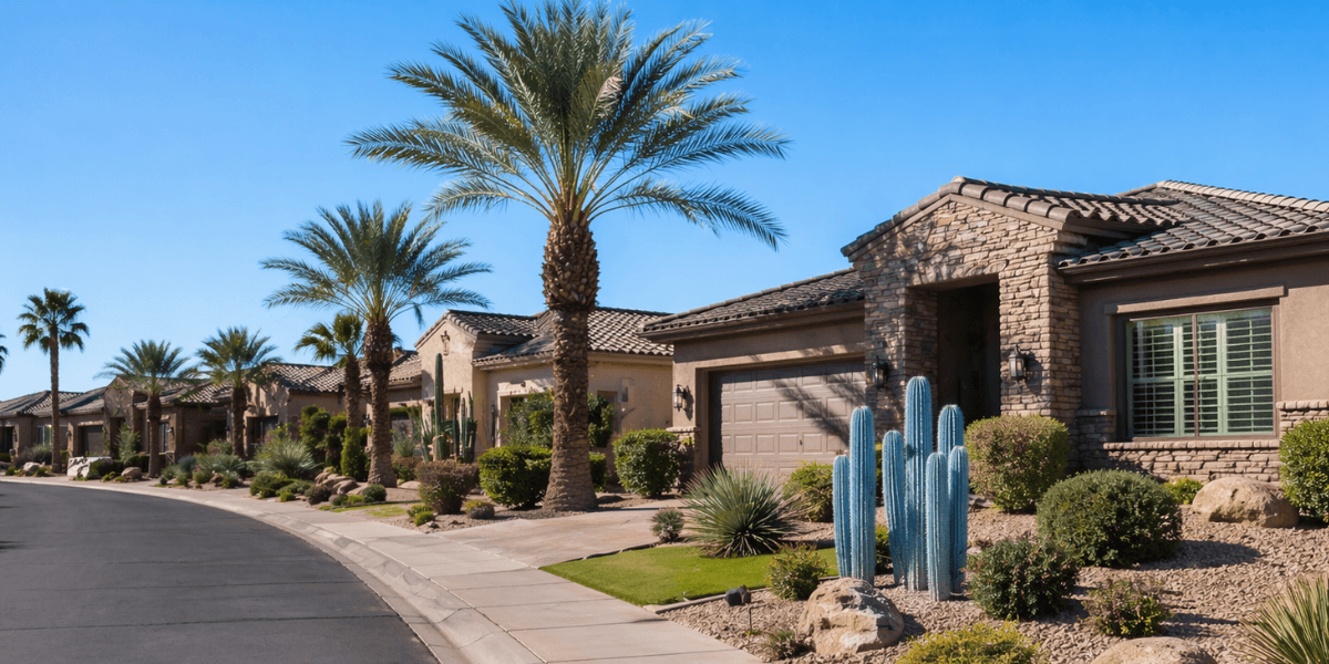 a street of homes in pebblecreek 55+ community in Goodyear