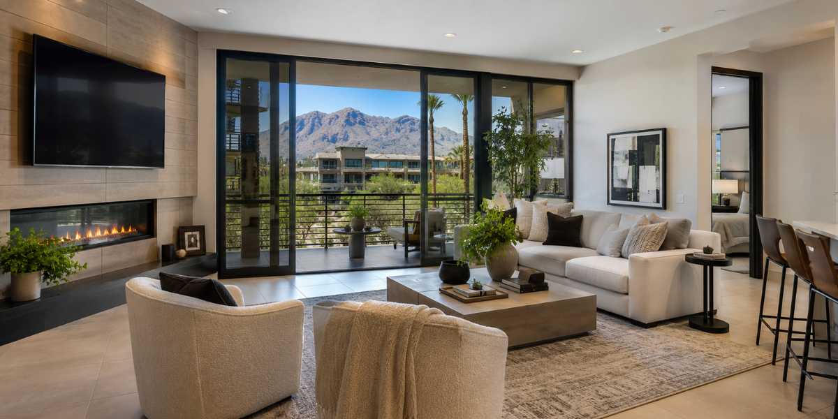 interior of a scottsdale condo with mountain views and a fireplace