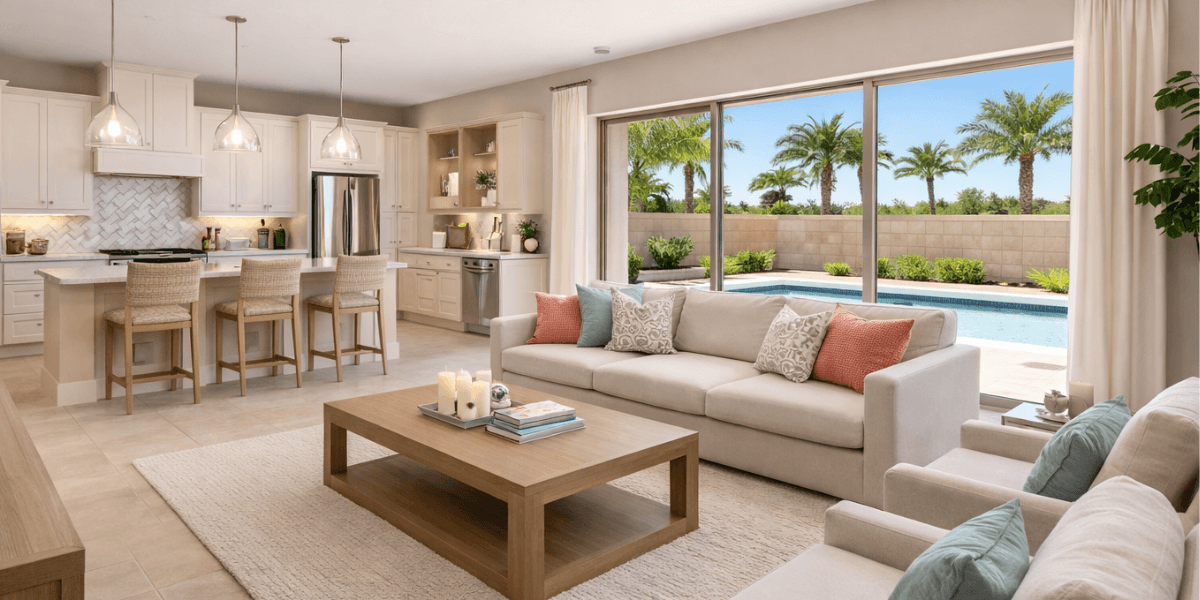 open living room and kitchen light colors abundant natural light with a pool and palm trees through the window in a 55+ chandler community