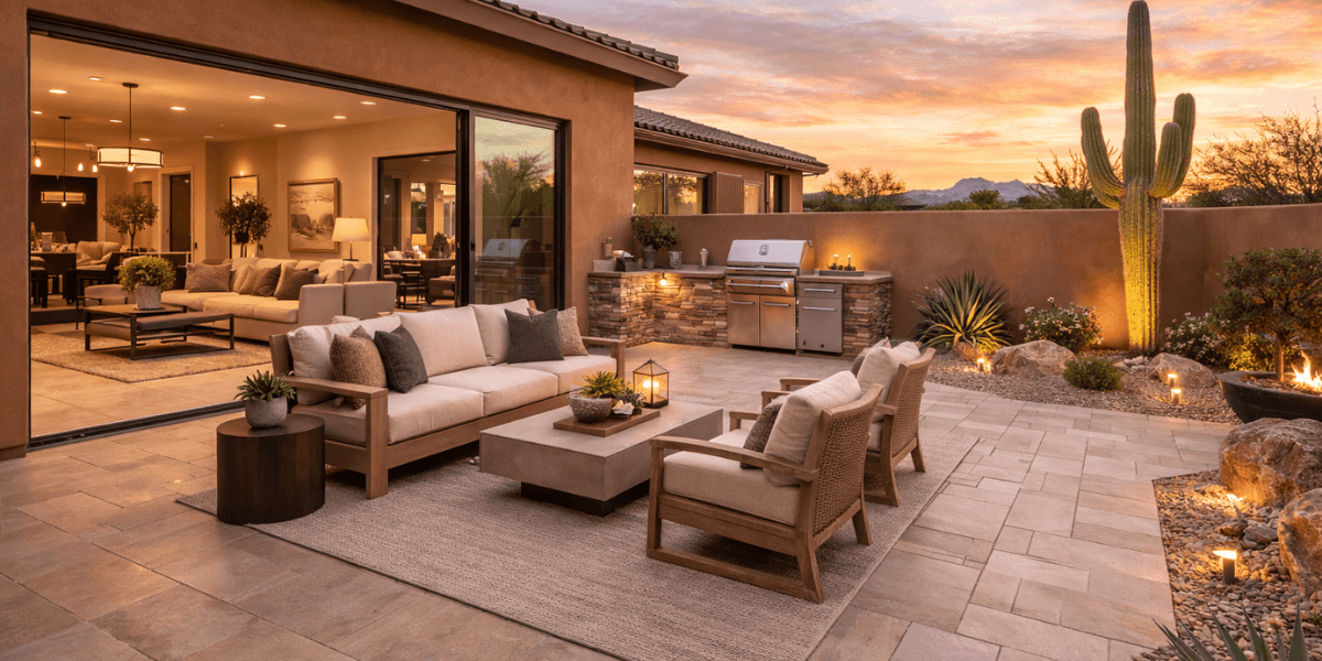 the back patio of a home in a luxury scottsdale 55+ community with pavers, patio furniture, a gas grill, and an open pocket glass door to the living room