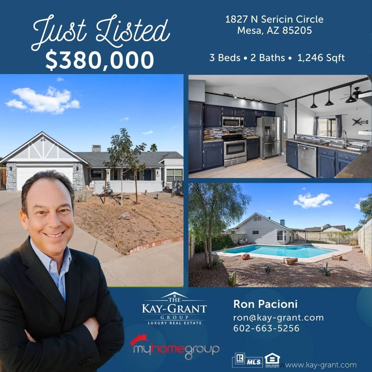 The gray exterior of a mesa home for sale with a two-car garage. The backyard private pool. A kitchen that looks like it is updated. The price is $380,000.