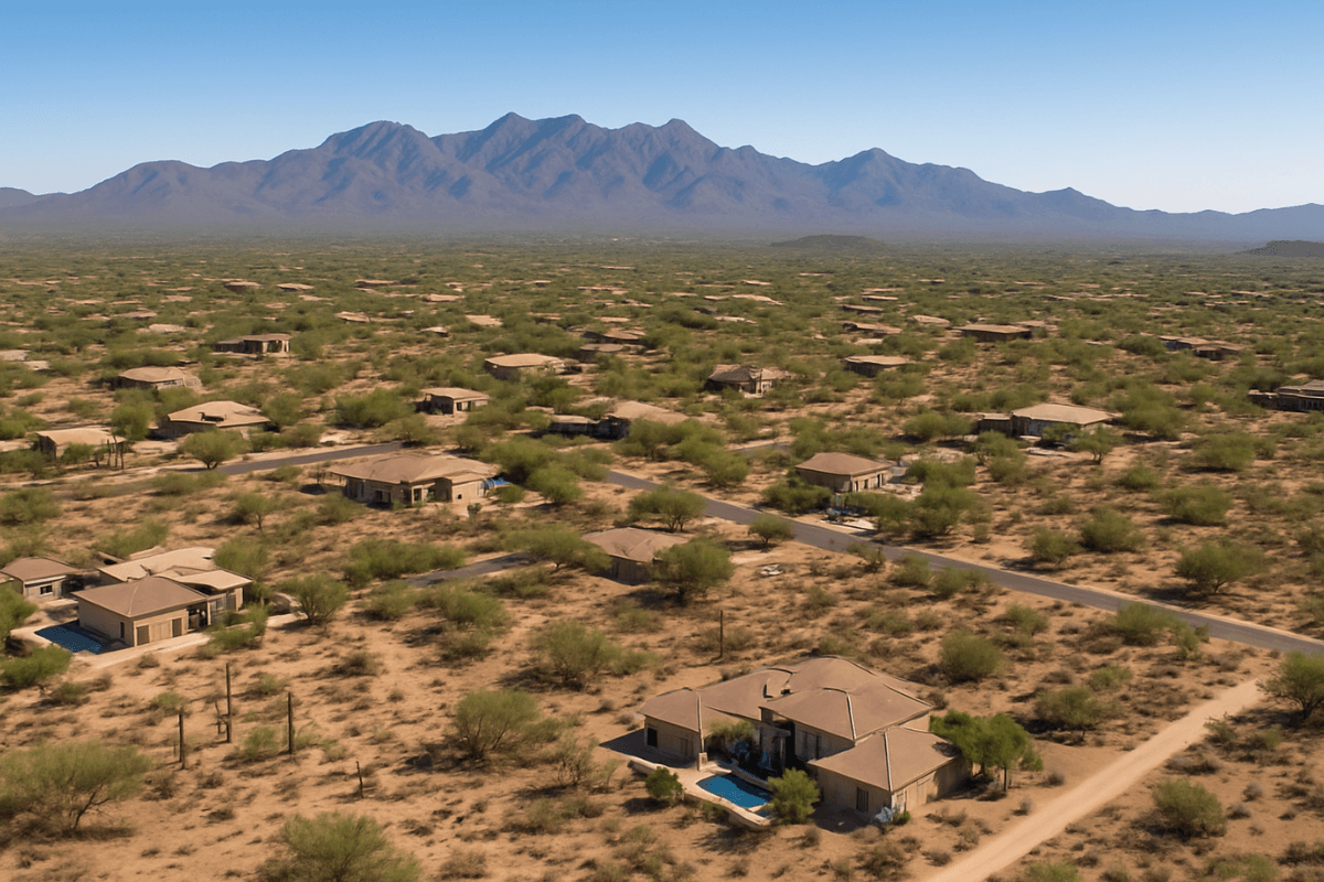 Aerial view of North Scottsdale with desert landscape, wide lots, and mountain backdrop