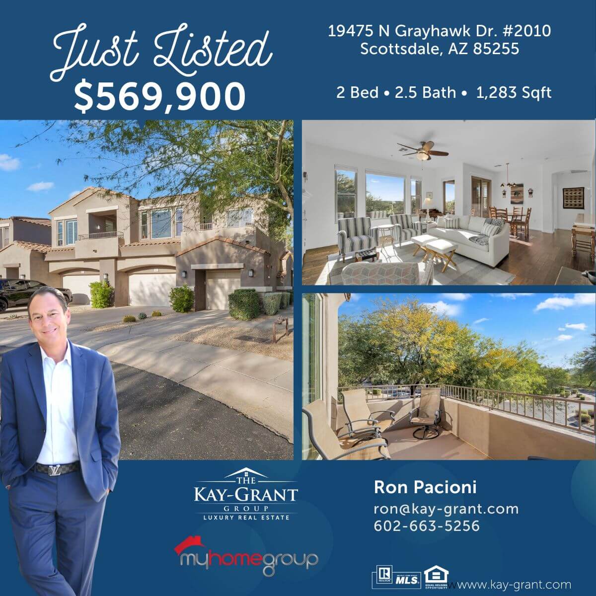 newly listed two-bedroom scottsdale condo in tesoro at grayhawk the front, back, and living room 
