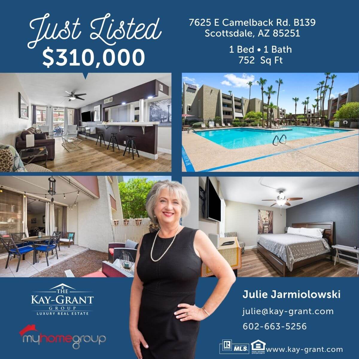 old town scottsdale condo for sale $310,000. Pool with palm trees and lounge chairs, private patio with comfortable chairs and a table, a bedroom with a bed and wood flooring, and a living room with wood floors and white walls and glass doors leading to the private patio