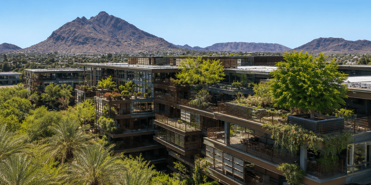 aerial view of optima camelview luxury condos in scottsdale