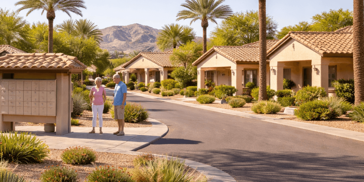 two residents at a mailbox kiosk visiting in an arizona 55 plus patio home community 