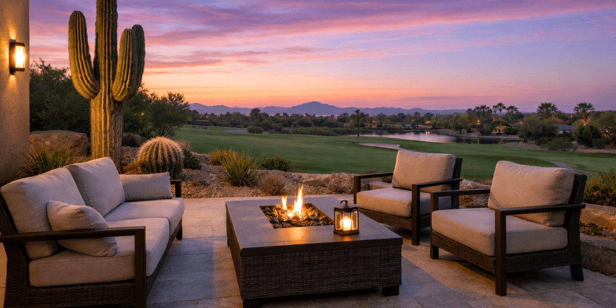 phoenix 55+ community home back patio at twilight with golf course views and desert landscape