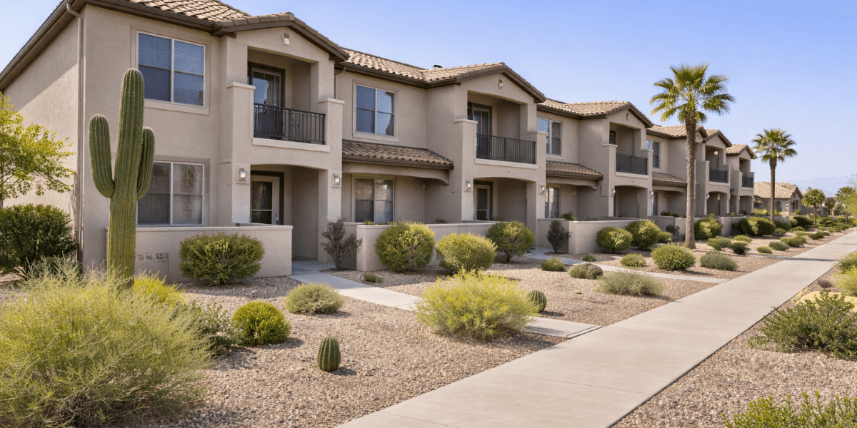 Two-story townhomes in a Phoenix 55+ community with desert landscaping and balconies