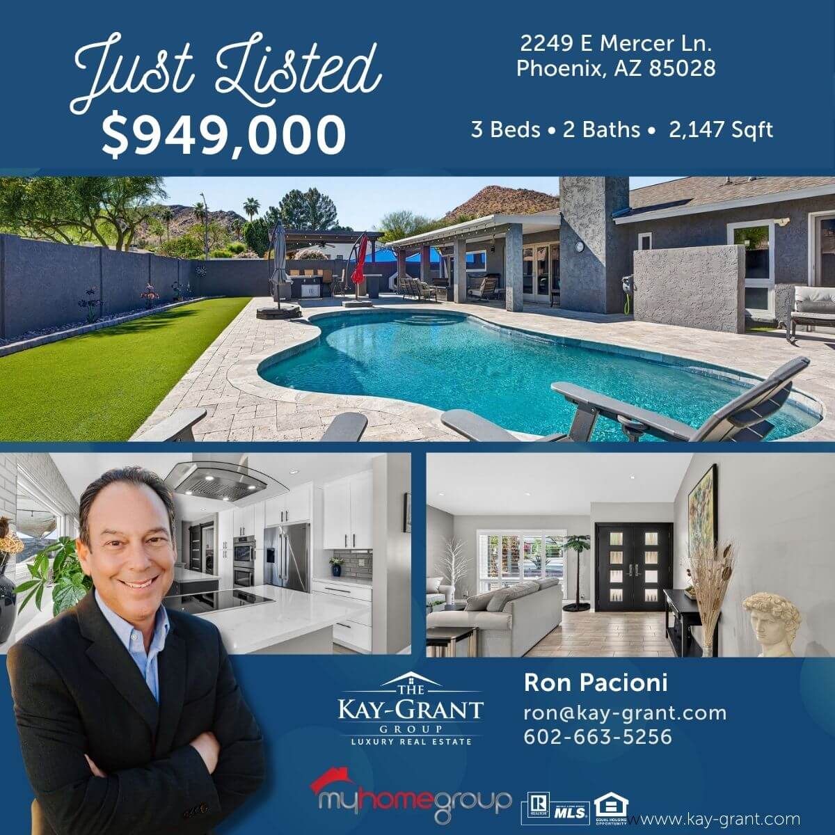North Phoenix home for sale showing the private pool, large backyard, updated kitchen, and living room.