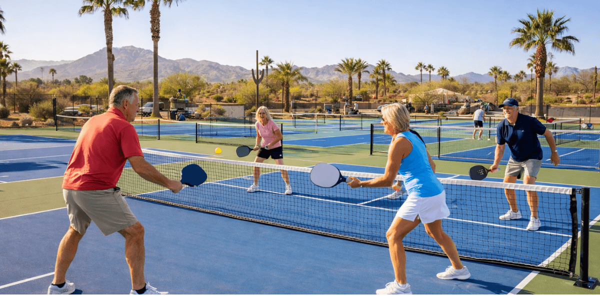 a group of residents at an arizona active adult community playing pickleball
