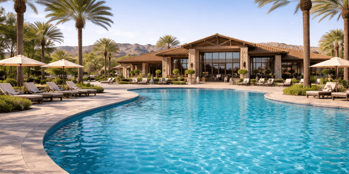 a resort-like pool outside of a clubhouse at an arizona active adult community
