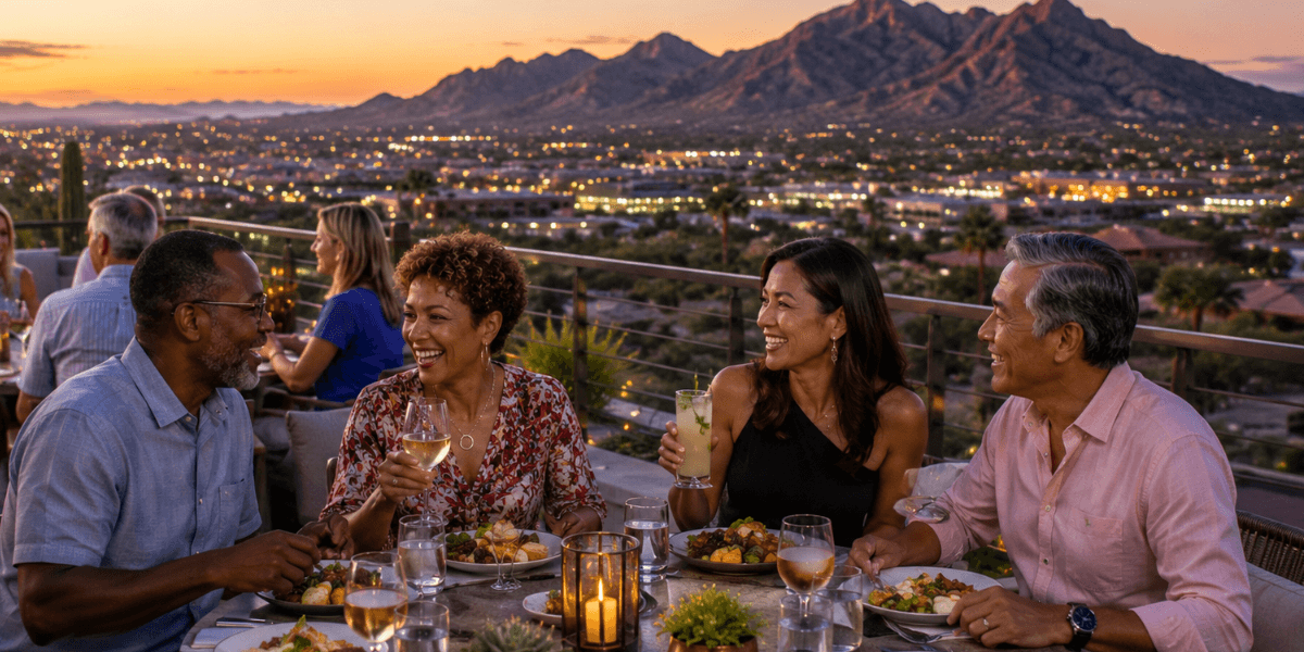 arizona retired couples enjoying dinner with camelback mountain in the background