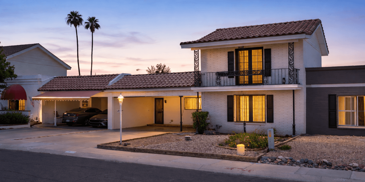 Twilight exterior of a Scottsdale 55+ community home