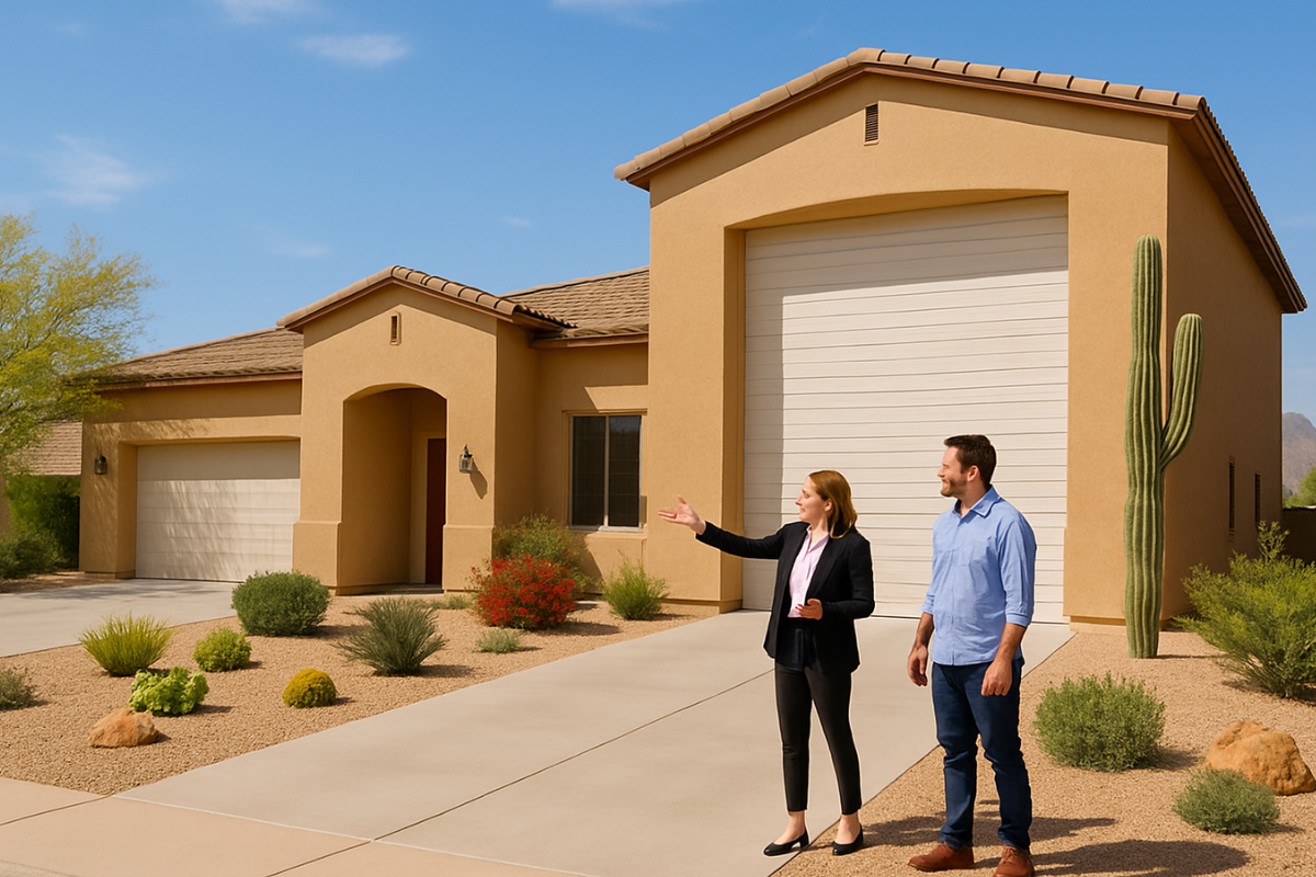 Realtor showing a client a Scottsdale home with a centered RV garage and desert landscaping