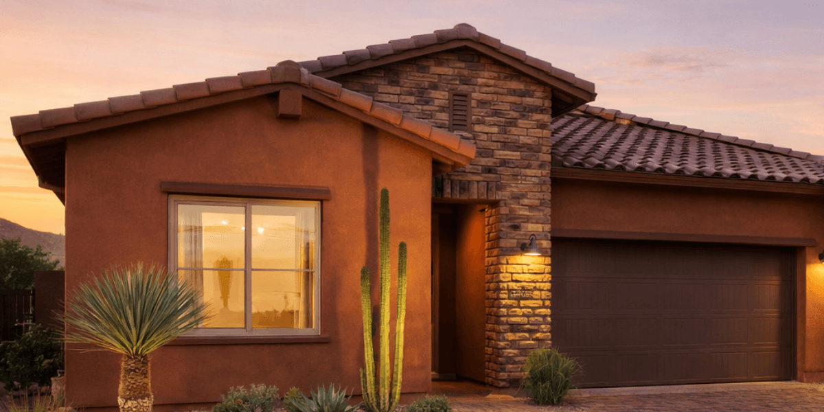 exterior of a new build home in a scottsdale 55+ community with stucco exterior and desert landscape