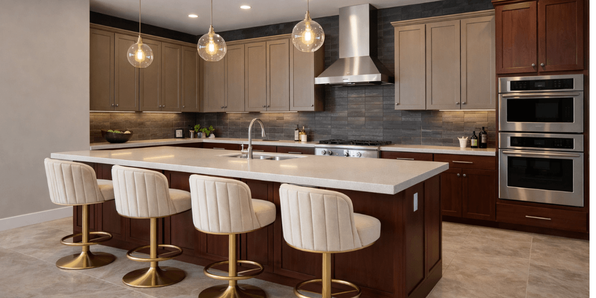 kitchen with tall ceilings, designer lighting, oversized island, tile floor, cherry wood cabinets, and gray tile wall