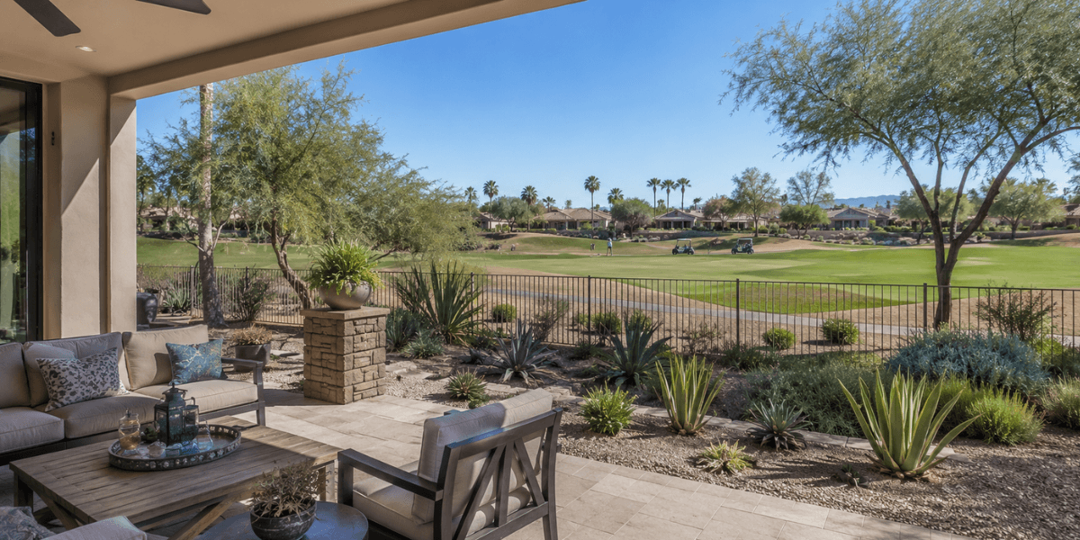 backyard patio of a scottsdale golf course home with views of the course