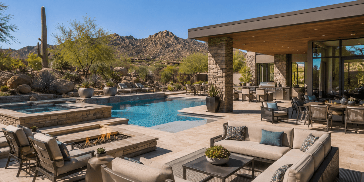 Scottsdale luxury home with outdoor kitchen, bar, pool, spa, patio, and several sitting areas with mountain views