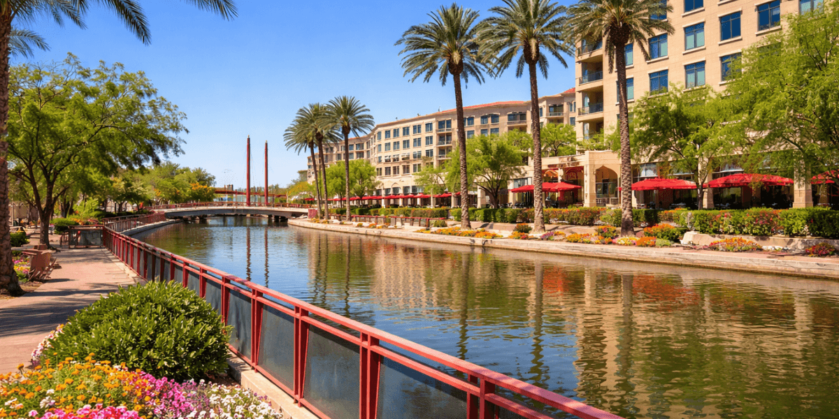 Scottsdale waterfront arizona canal, condos, walkway, and flowers