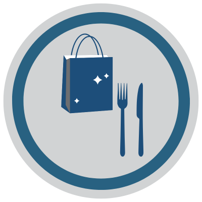 a shopping bag and utensils representing shopping and dining near optima camelview