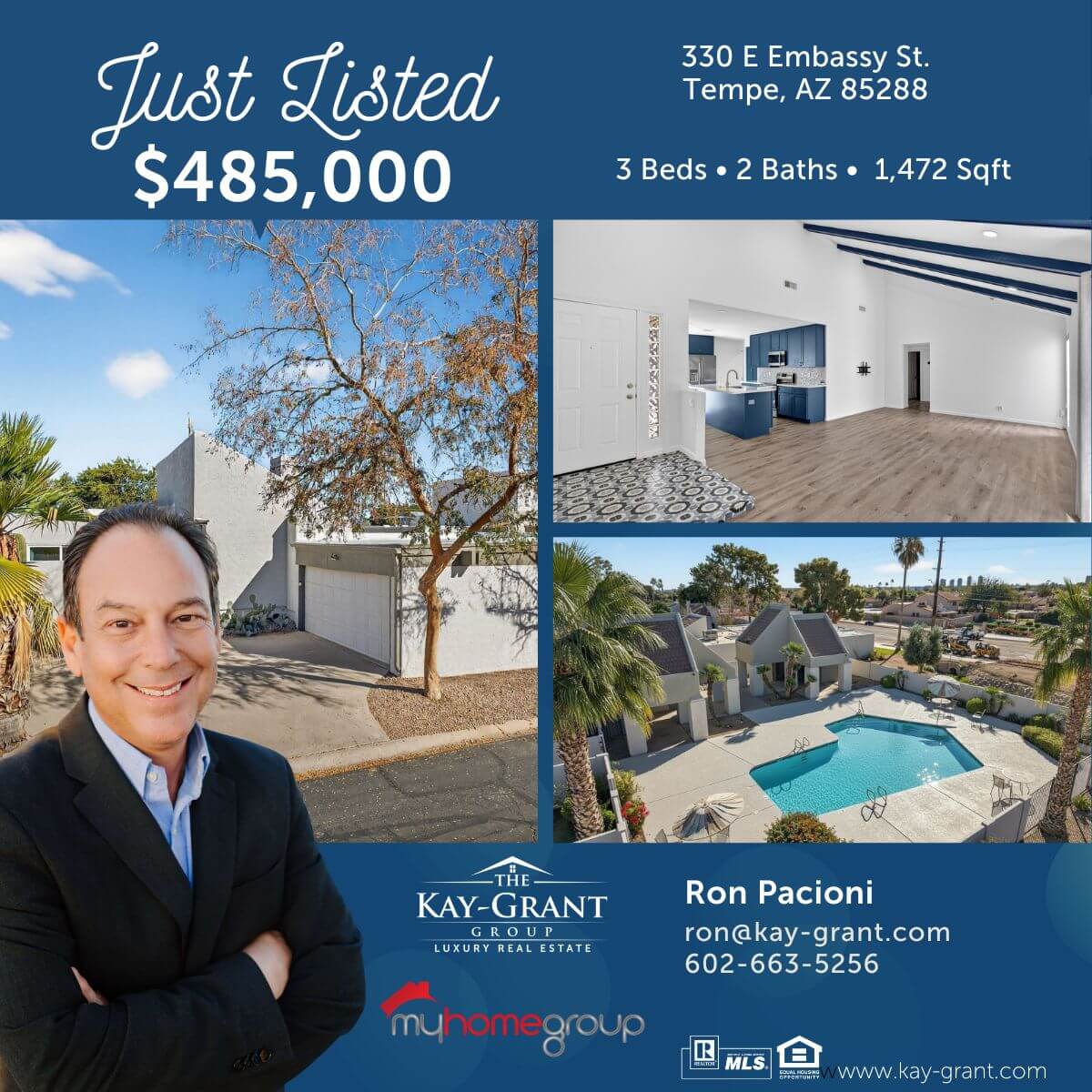 the exterior and interior of a recently remodeled Tempe home for sale and the community pool