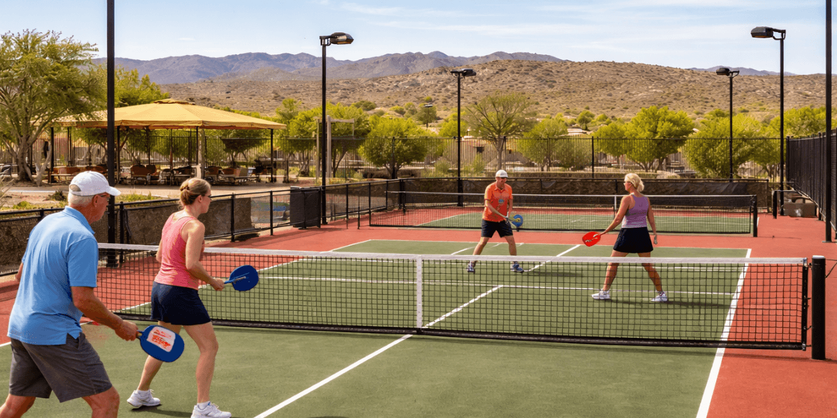two sets of couples playing pickle ball at trilogy at wickenburg ranch an arizona active adult community