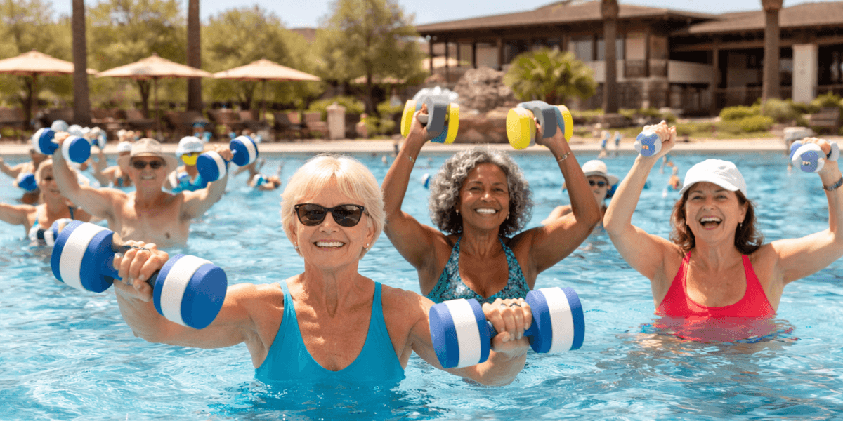 a close up of a water aerobics class in the community pool at trilogy at wickenburg ranch 