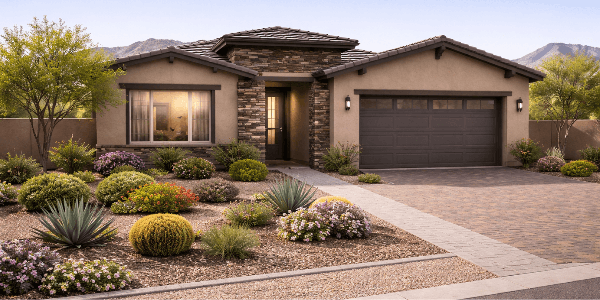 the exterior of a new build at trilogy at wickenburg ranch. it is dark brown with stone and a bright desert landscape with blooming flowers
