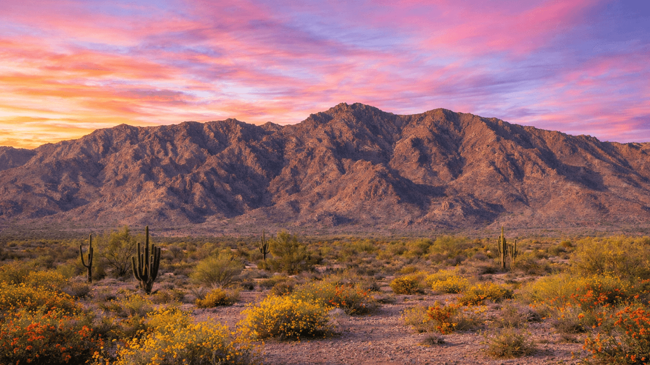 White Tank Mountains in Arizona at sunset with desert wildflowers, saguaro cacti, and rugged mountain peaks in the background.