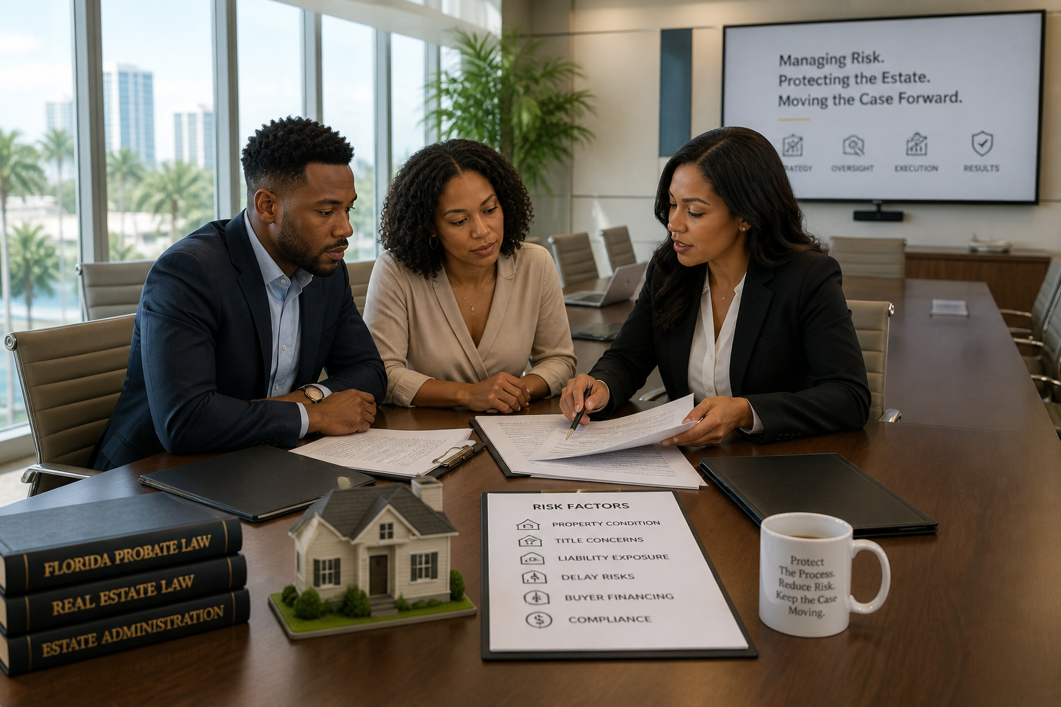 probate real estate risk review with legal documents and house model in a professional office setting for florida attorneys