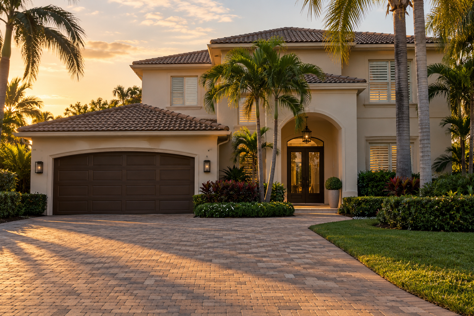 A well-maintained South Florida residential home in Palm Beach Gardens photographed in late afternoon quiet &mdash; shutters partially closed, driveway empty, no visible activity. The image reflects the operational stillness that characterizes a Palm Beach County property caught between active legal proceedings and unresolved real estate decisions during a Florida divorce case. Visual cues of vacancy and transition reinforce the asset's core subject: how real estate delays extend divorce case timelines when decision-making structure is absent.