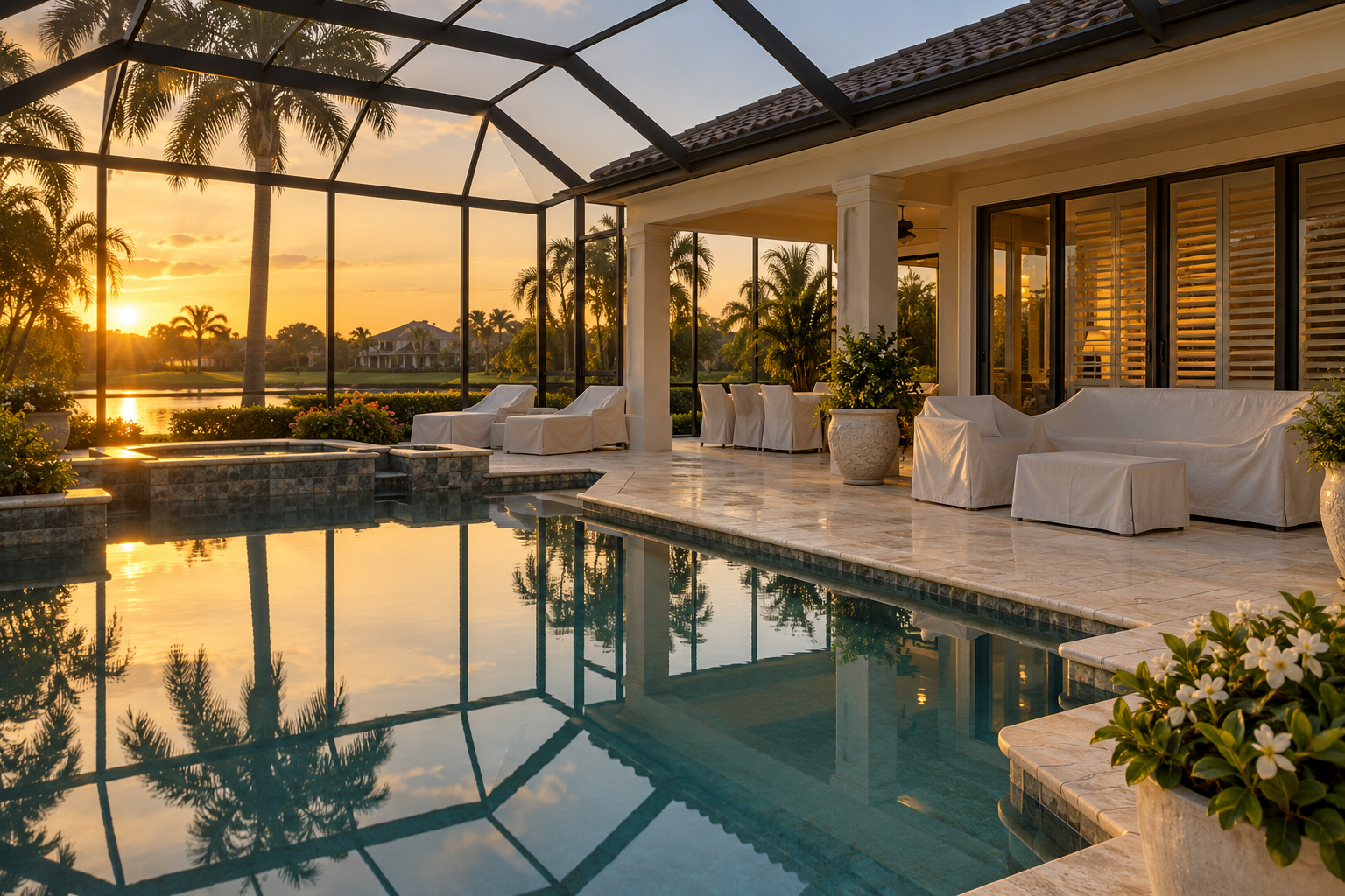 A Palm Beach Gardens residential property photographed at the close of seasonal occupancy &mdash; covered lanai furniture, a calm pool surface reflecting late afternoon light, and partially drawn shutters signaling a home in seasonal transition. This image supports content on seasonal ownership patterns in Palm Beach County and the timing considerations that define homeowner transitions and simplification decisions in this market