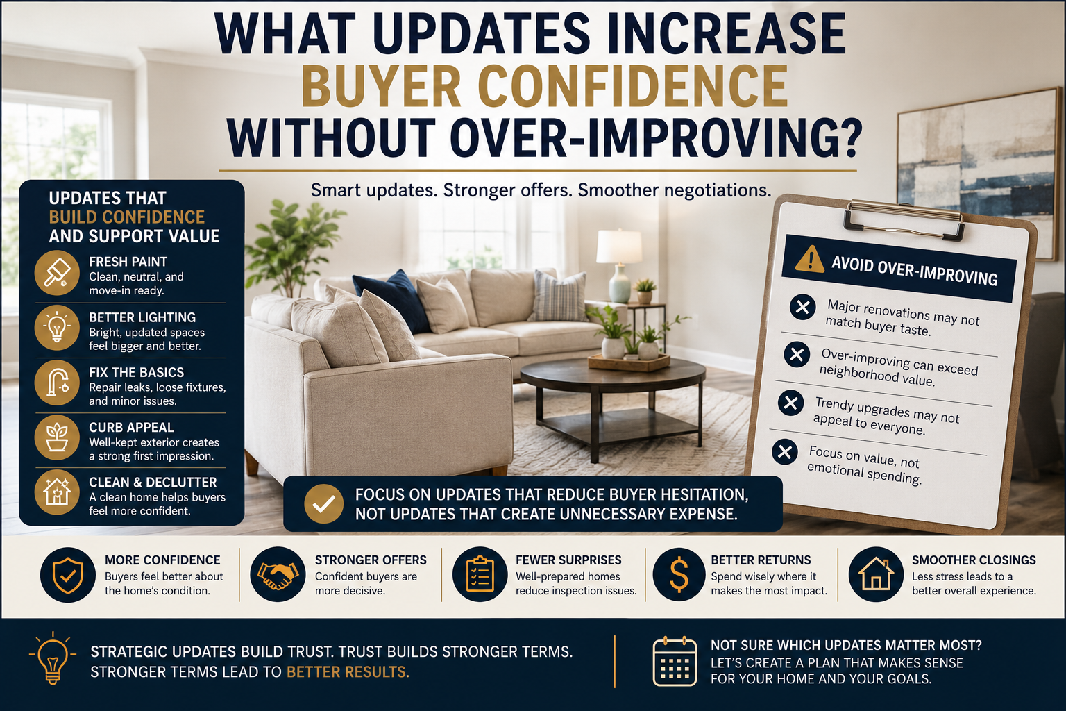Palm Beach County seller strategy image focused on strategic home updates, buyer confidence, maintenance visibility, selective preparation, and avoiding unnecessary renovation costs before listing a property.