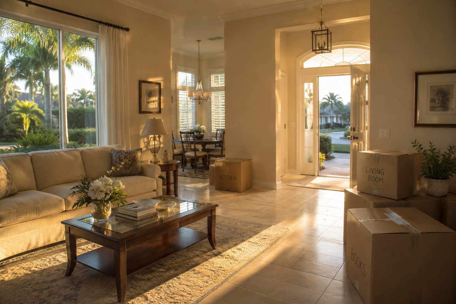 A photorealistic interior scene inside a Palm Beach Gardens home during late afternoon, warm light crossing an empty living room as partially staged moving boxes sit near the doorway. The image reflects the emotional register of a considered homeowner transition — not abandonment, but deliberate simplification — and accompanies content about how Palm Beach County homeowners experience the adult community decision differently than they anticipated. The scene is specific to the quiet, internal moment that precedes a major lifestyle simplification decision.