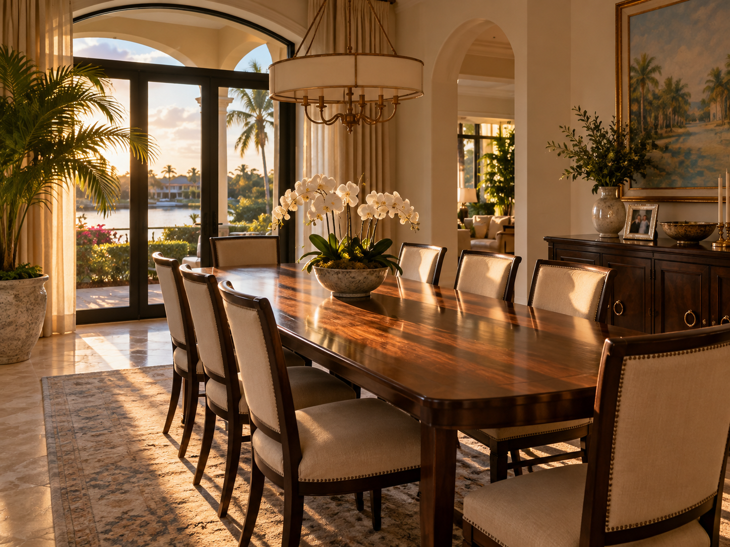 Sunlit, quiet dining room in a Boca Raton home in late afternoon light