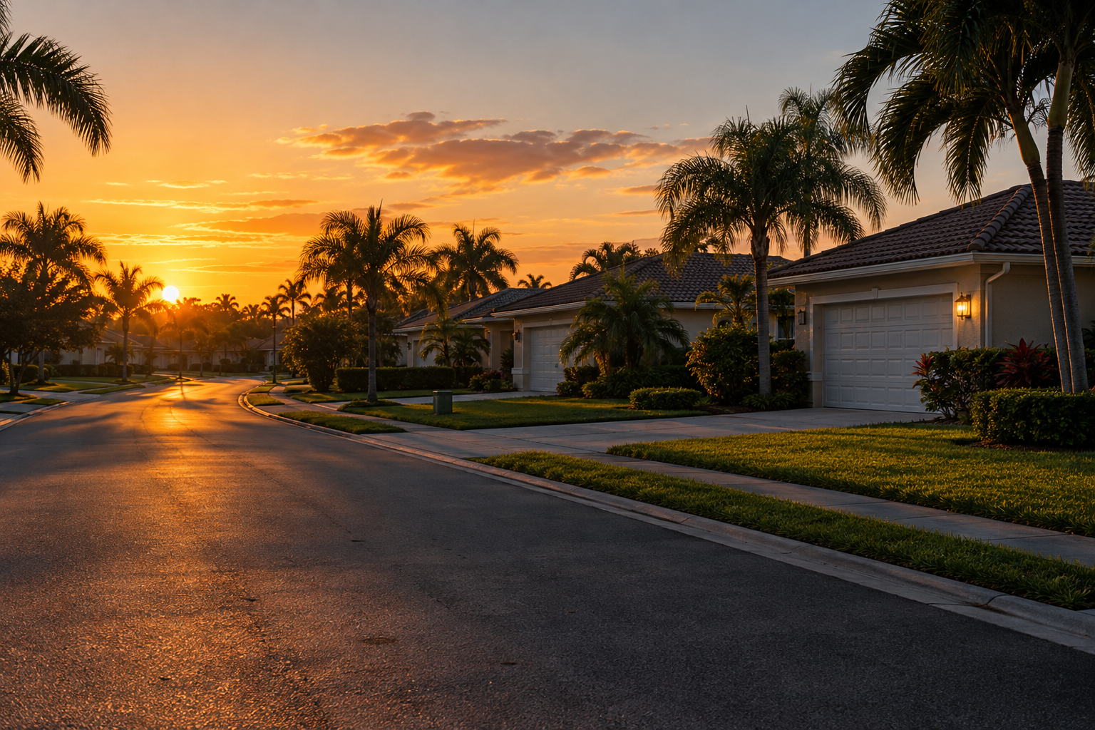 A photorealistic dawn scene on a quiet Boynton Beach, Florida residential street, captured at the hour when rotating-shift healthcare workers return home from overnight assignments. The image reflects the neighborhood selection dynamic specific to Palm Beach County healthcare relocations — the value of environmental quiet and low stimulation during early-morning recovery hours. Warm low light, still pavement, and closed residential doors convey the sensory simplicity that shift-schedule buyers prioritize when choosing a neighborhood near Boynton Beach's medical facilities.