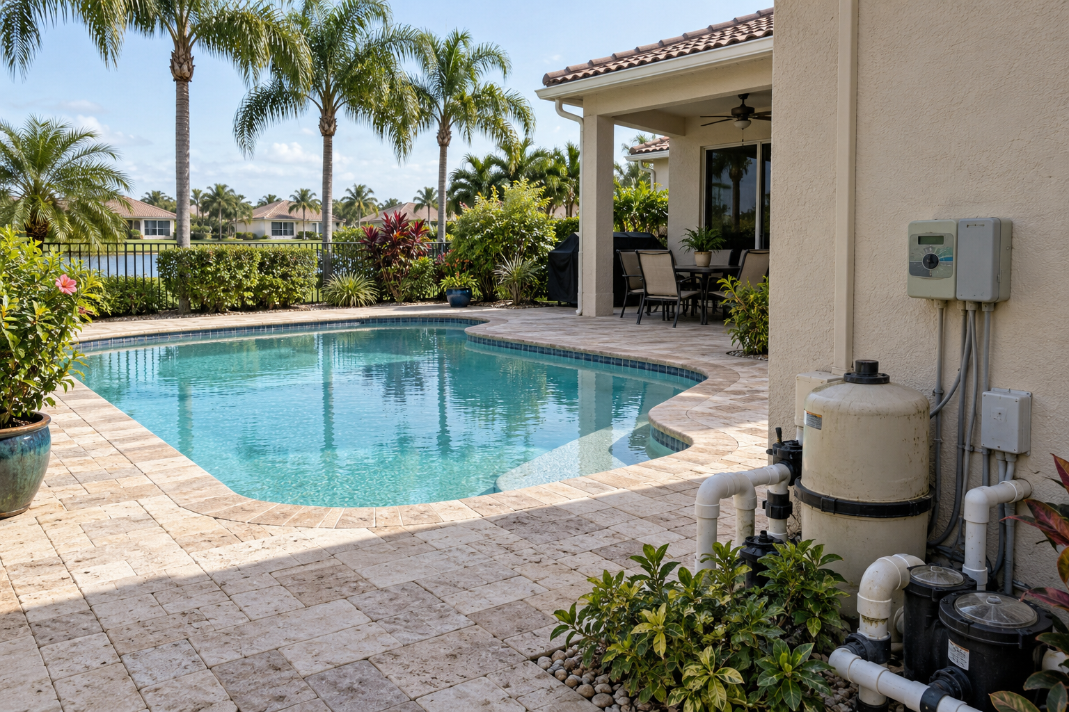 A residential backyard in Boynton Beach, Florida photographed in flat midday light, showing a pool with visible aging equipment and a wall-mounted irrigation controller. The scene reflects the operational infrastructure costs — pool systems, irrigation, and HOA reserve exposure — that Boynton Beach homeowners frequently undercount when calculating whether simplifying ownership makes financial sense. Produced as a supporting visual asset for The Kull Group's Sell High Buy Smart homeowner transition content